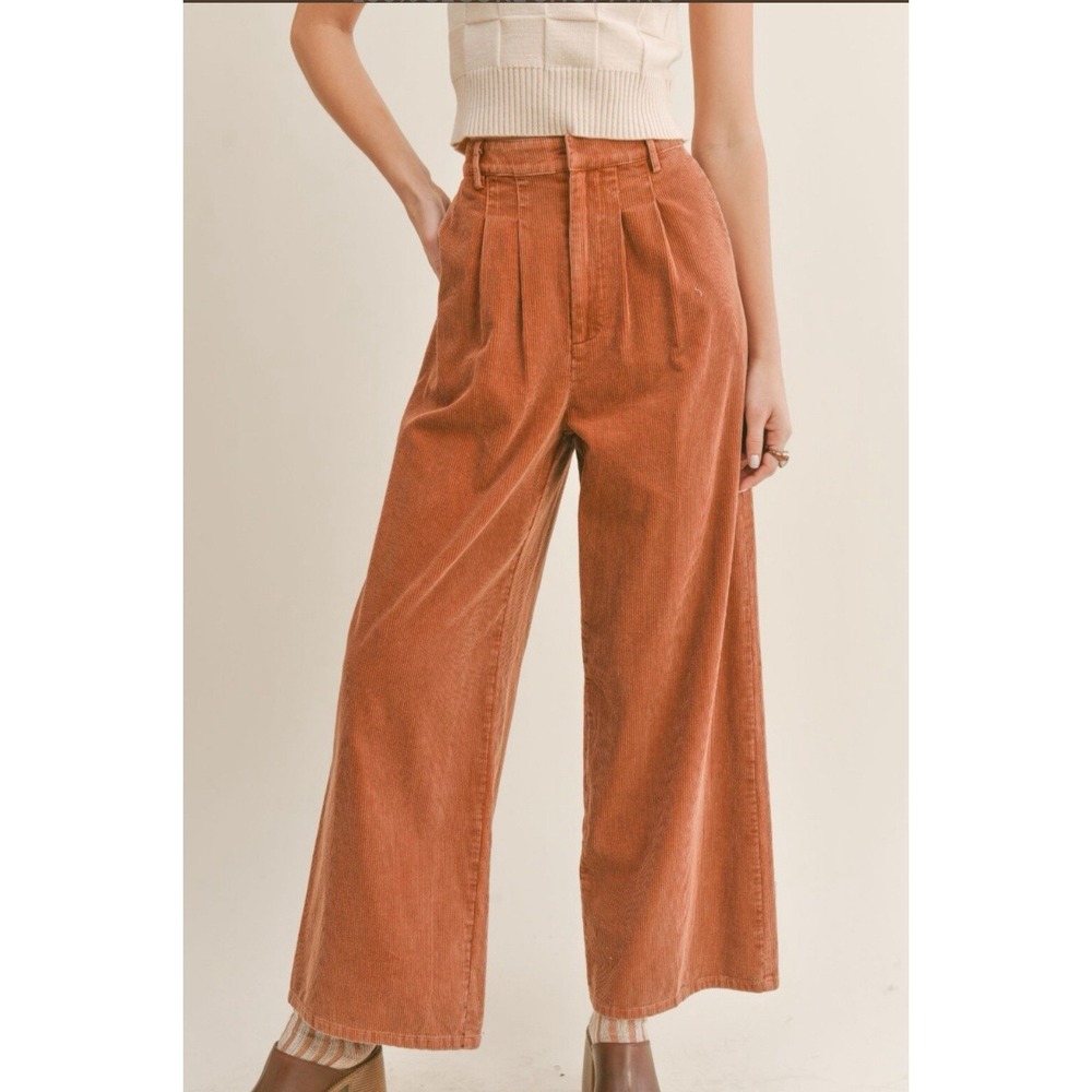 Sage Rust Brown High Waisted Pleated Wide Leg Corduroy Pants Trousers‎ 27 Waist